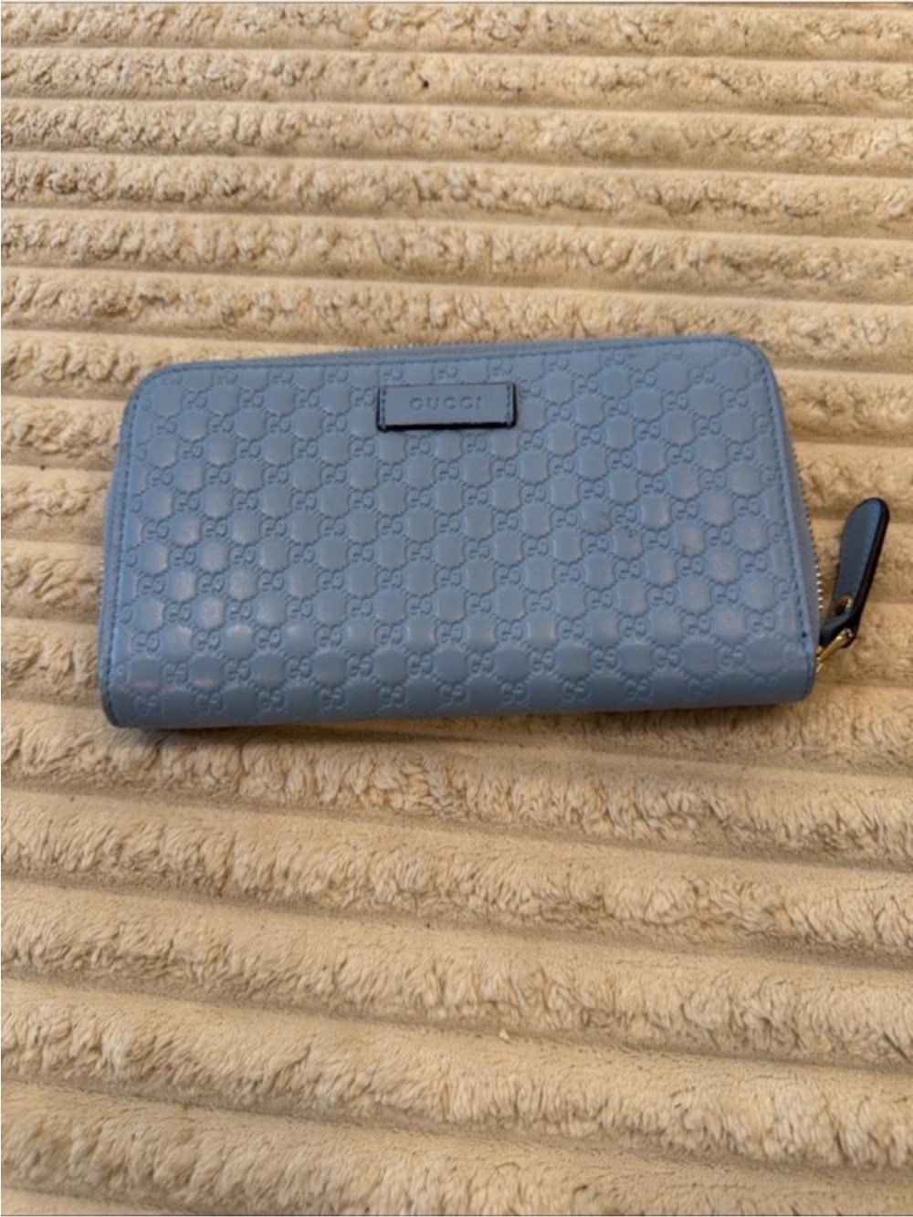 Gucci Light Blue Embossed GG Zip-Around Card Holder Wallet